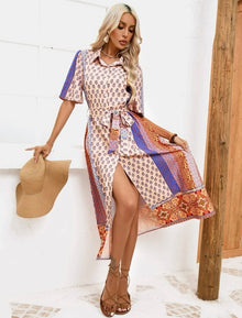  Paisley Print Belted Shirt Dress