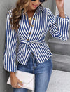 Striped Print Lantern Sleeve Belted Shirt