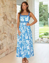 Women Summer Vacation Style Spliced Wavy Strap Tropical Plant Printed Long Elegant Dress