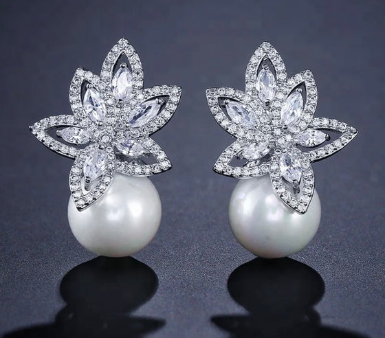 New Fashion Flower cubic zirconia CZ Pearl stud Earrings for bridal jewelry