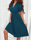Women's Solid Color Turn-Down Collar Short Puff Sleeve Dress With Pleated Hem
