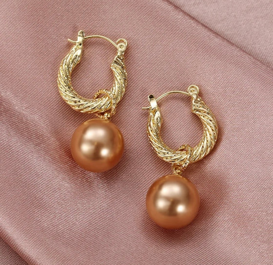 Vintage Style Real Gold Plated Twist Hoop Round Pearl Pendant Earrings Pearl Hoop Earrings