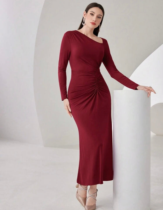 Women's Asymmetrical Neckline & Pleated Body Casual Dress
