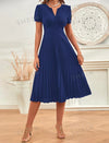 Puff Sleeve Zip Back Pleated Hem Dress