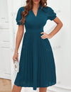 Women's Solid Color Turn-Down Collar Short Puff Sleeve Dress With Pleated Hem