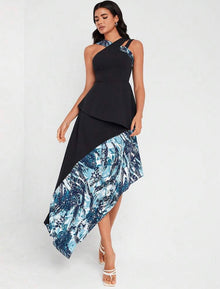  Floral Print Asymmetrical Neck Dress