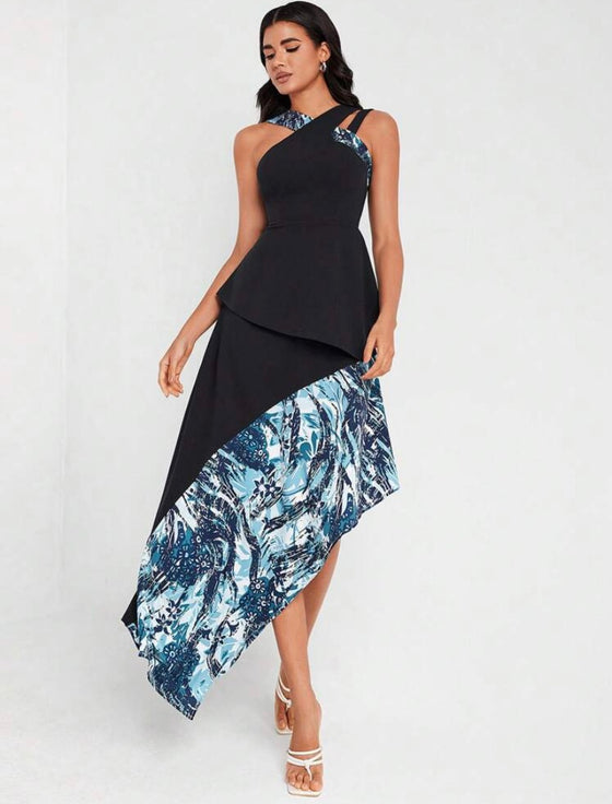 Floral Print Asymmetrical Neck Dress