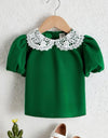 Kids CHARMNG Toddler Girls Contrast Guipure Lace Peter Pan Collar Puff Sleeve Blouse