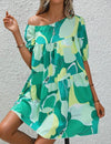 Allover Print Asymmetrical Neck Ruffle Hem Smock Dress