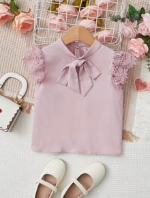  Kids FANZEY Toddler Girls Knot Front Contrast Guipure Lace Blouse