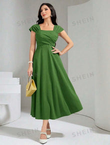  Solid Color Square Neckline Waist Gathered Dress