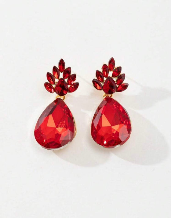 Luxurious European And American Style Flower Shaped Ear Studs, Red Waterdrop Shaped Dangle Earrings, Deluxe Earrings