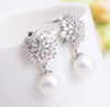 LUOTEEMI Fashion Silver Color Ladies Elegant CZ Crystal Flower With White Round Pearl Earrings Designs