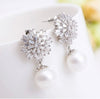 Fashion Silver Color Ladies Elegant CZ Crystal Flower With White Round Pearl Earrings Designs