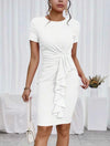 Privé Solid Ruched Waist Draped Ruffle Front Dress