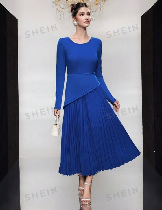 Solid Color Round Neck Pleated Hem A-Line Dress