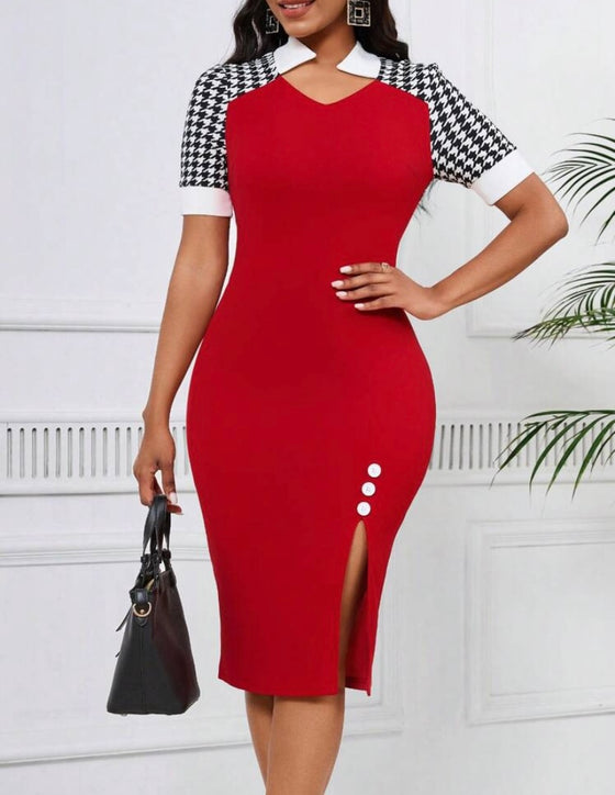 Houndstooth Patchwork High Slit Dress