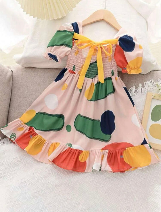 Toddler Girls Shirred Puff Sleeve Ruffle Hem Dress