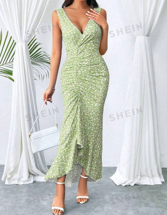Fashionable Printed High Waist Mermaid Hem Dress