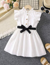 Young Girl White Solid Color Elegant Simple Fashionable Dress With Peter Pan Collar And Ruffled Sleeves For Summer