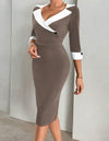 Color Block Bodycon Dress With Sharp Angle Lapel Collar