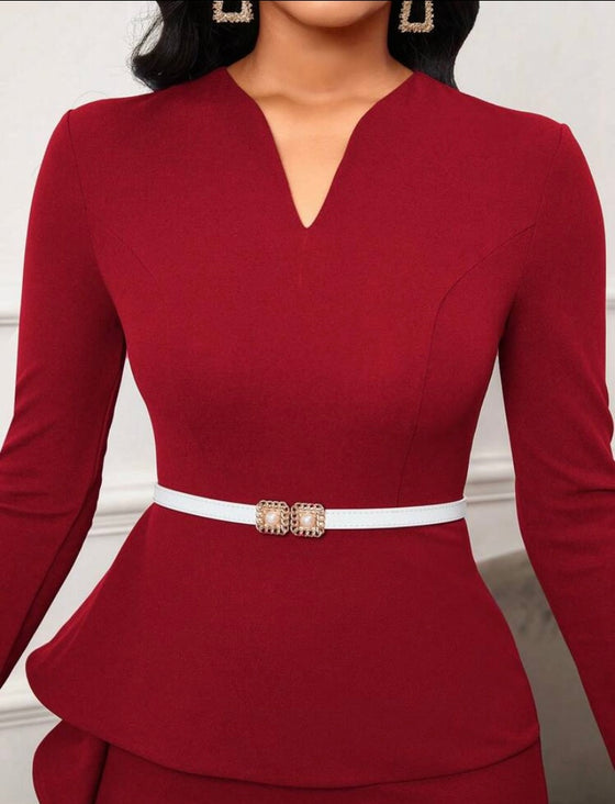 Solid Color Notched Neckline Elegant Dress