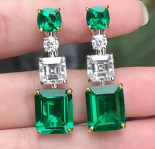  Vintage Emerald Gemstone Zircon Earrings Noble Green Rectangle Silver Dangle Earrings Women