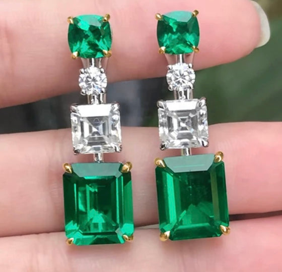 Vintage Emerald Gemstone Zircon Earrings Noble Green Rectangle Silver Dangle Earrings Women