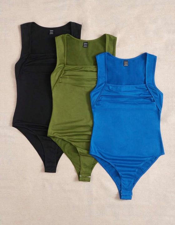 3pcs Solid Ruched Front Bodysuit