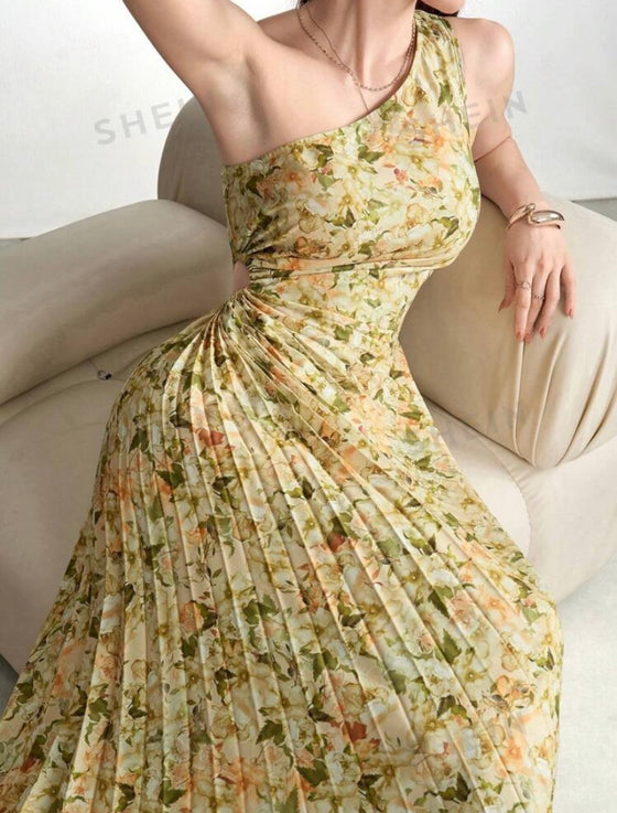 Asymmetric Neckline Floral Printed Pleated Sleeveless Summer Dress