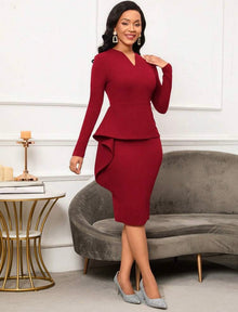  Solid Color Notched Neckline Elegant Dress