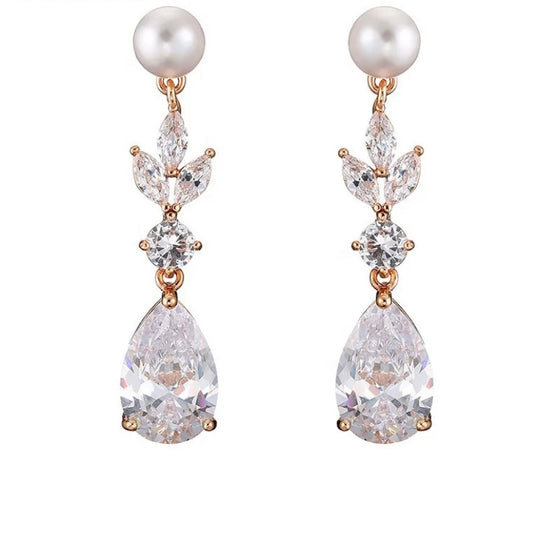 luxury women's long dangle cubic zirconia pearl studs earrings jewelry l