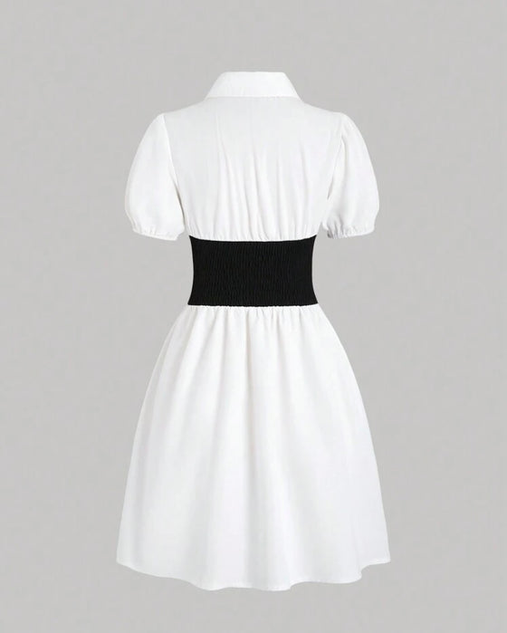 Sweetro Color Block Half-Zip Puff Sleeve Summer Dress With Zipper
