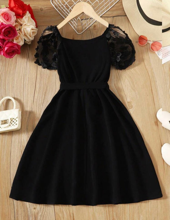 Tween Girl Appliques Mesh Sleeve Dress