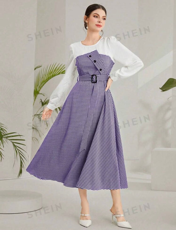 Spring/Summer Elegant Long Sleeve Long Checkered Dress With Round Neck