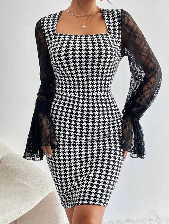 Houndstooth Print Flare Sleeve Square Neck Bodycon Dress