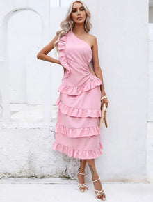  Cutout Waist One Shoulder Ruffle Hem Dress