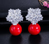 Fashion OL Style Silver Color Cubic Zirconia Setting Large Flower Stud Earrings with Pearls Jewelry