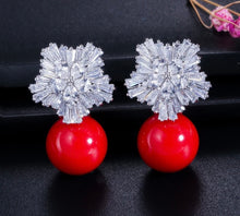  Fashion OL Style Silver Color Cubic Zirconia Setting Large Flower Stud Earrings with Pearls Jewelry