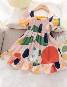  Toddler Girls Shirred Puff Sleeve Ruffle Hem Dress