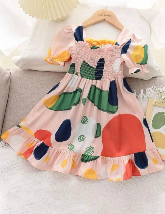 Toddler Girls Shirred Puff Sleeve Ruffle Hem Dress