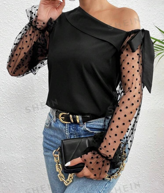 Asymmetric Neckline Polka Dot Velvet Mesh Sheer Flare Sleeve Blouse