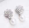 LUOTEEMI Fashion Silver Color Ladies Elegant CZ Crystal Flower With White Round Pearl Earrings Designs