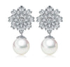 LUOTEEMI Fashion Silver Color Ladies Elegant CZ Crystal Flower With White Round Pearl Earrings Designs