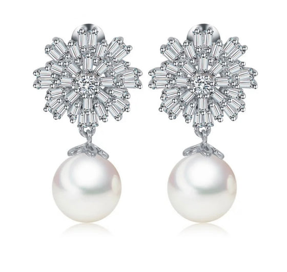 LUOTEEMI Fashion Silver Color Ladies Elegant CZ Crystal Flower With White Round Pearl Earrings Designs