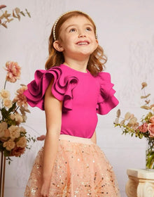  Kids CHARMNG Young Girl Solid Color Round Neck Casual Top With Ruffled Cap Sleeves