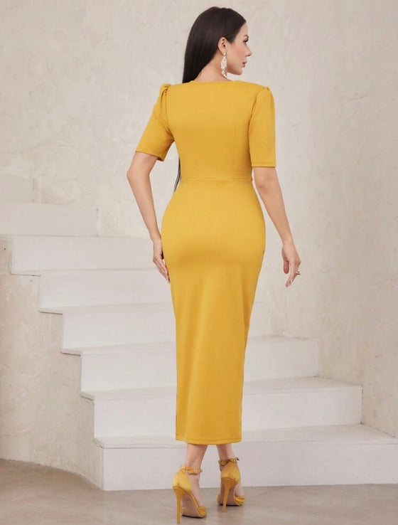 Solid Color High Slit Dress With Sweetheart Collar