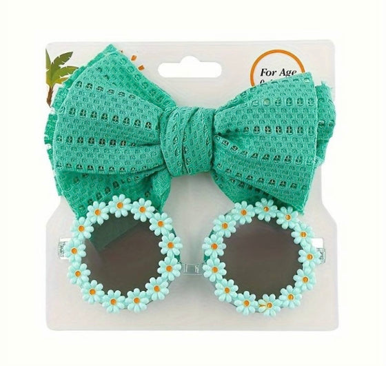 2pcs Butterfly Tie Hair Band And Round Flower Sunglasses