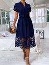 Dolman Sleeve Contrast Geo Mesh Belted Dress