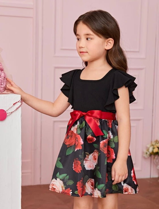 Toddler Girls 1pc Floral Print Ruffle Trim Belted Dress